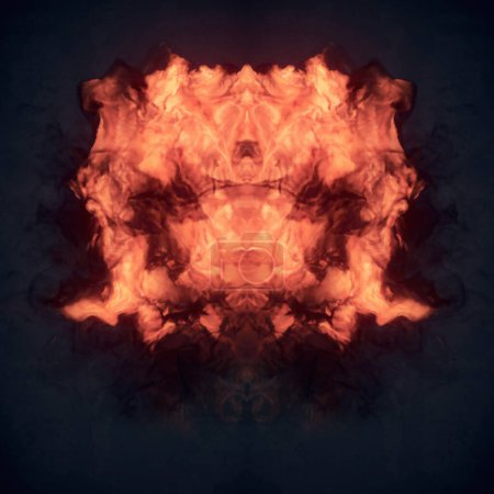 Foto de Gran bola de fuego simétrica con remolinos de humo y llamas a su alrededor. Diseño animado y colorido. Composición dinámica. 3d representación ilustración digital - Imagen libre de derechos