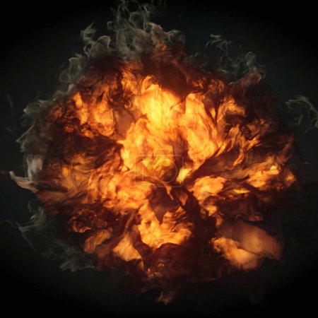 Foto de Gran explosión de fuego con una paleta de colores naranja-amarillo brillante y remolinos de humo oscuro. Efecto vívido y dramático. 3d renderizado fondo ilustración digital - Imagen libre de derechos
