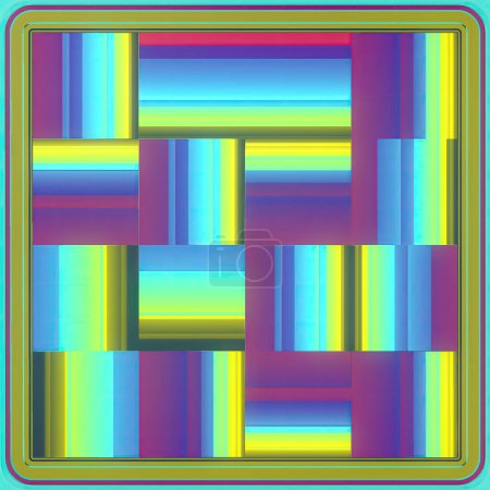 Photo for 3d rendering illustration of square flip caps with iridescent neon texture. Geometric abstract art. Turquoise, pink and yellow colored digital background - Royalty Free Image