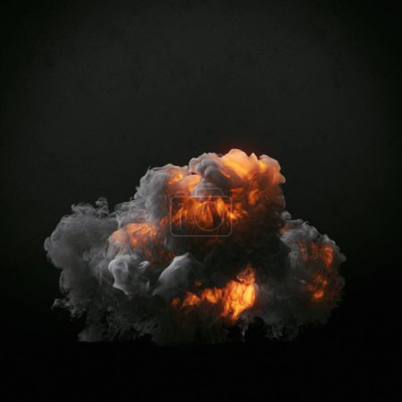 Foto de Explosión con humo oscuro grueso aislado sobre fondo negro. Efecto de brillo abstracto para el diseño gráfico. 3d representación ilustración digital - Imagen libre de derechos