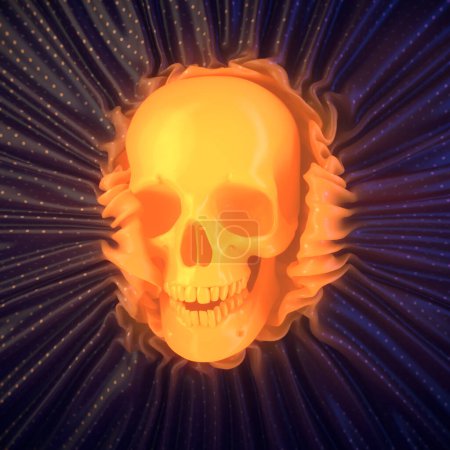 Foto de Cráneo humano naranja brillante envuelto en pliegues de tela brillante. 3d representación ilustración digital - Imagen libre de derechos