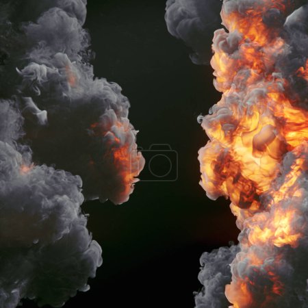 Foto de Explosión ardiente caliente de moda con humo sobre fondo oscuro para el diseño gráfico. Patrón abstracto. Efecto de brillo. 3d representación ilustración digital - Imagen libre de derechos