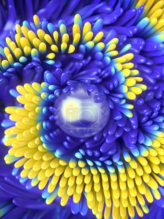 Téléchargez les photos : Composition visuellement attrayante avec une boule en métal brillant sur une surface en caoutchouc multicolore avec des pointes souples et un motif en spirale jaune. Illustration numérique de rendu 3D - en image libre de droit