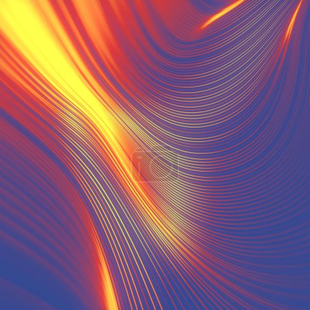 Photo for Bright and dynamic wavy digital illustration of multicolored lines in blue-orange color scheme. 3d rendering - Royalty Free Image