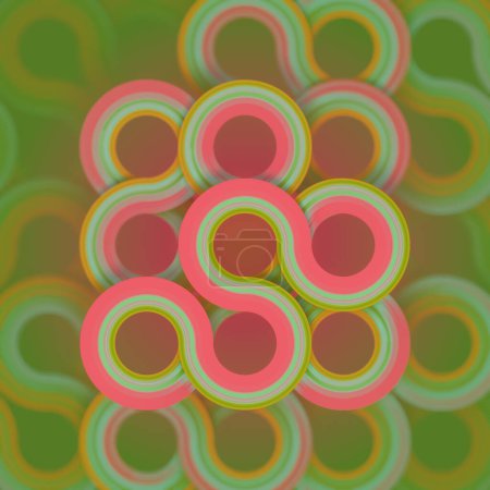 Téléchargez les photos : Illustration numérique abstraite de rendu 3D composée de cercles multicouches de différentes tailles en couleurs rose, vert et orange qui contribuent à la sensation de profondeur et de volume - en image libre de droit
