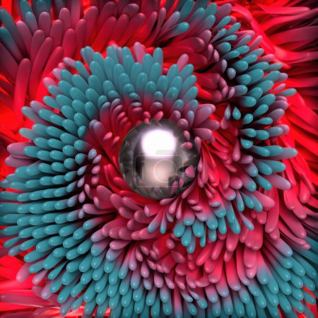 Téléchargez les photos : Illustration numérique en 3D d'une boule métallique sur fond bleu, ressemblant à une fleur colorée composée de différentes nuances de rose, avec de petits accents verts et bleus. Design visuellement attrayant - en image libre de droit
