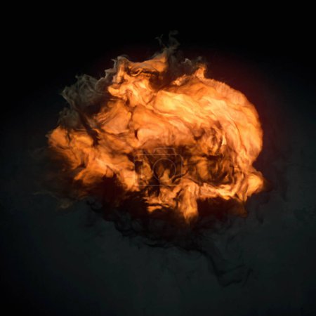 Foto de Gran bola de fuego naranja con remolinos de humo y llamas a su alrededor. Composición dinámica. Estilo abstracto. 3d renderizado fondo abstracto. La ilustración digital - Imagen libre de derechos