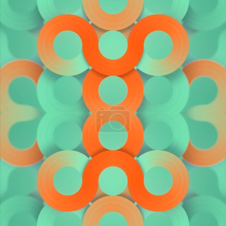 Téléchargez les photos : Design abstrait coloré composé de formes orange et vertes disposées en couches. La composition visuellement attrayante crée un sentiment de profondeur et de mouvement. Illustration numérique de rendu 3D - en image libre de droit