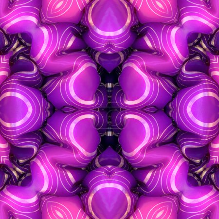 Téléchargez les photos : Composition symétrique dans une palette de couleurs violettes vibrantes et décorée avec un motif de cercles d'or disposés d'une manière visuellement attrayante. Illustration numérique de rendu 3D - en image libre de droit