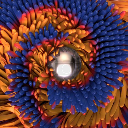 Téléchargez les photos : Composition visuellement attrayante d'une boule en métal sur une surface en caoutchouc bleu avec de petits pointes souples et un sentier en spirale multicolore jaune-orange. Illustration numérique de rendu 3D - en image libre de droit