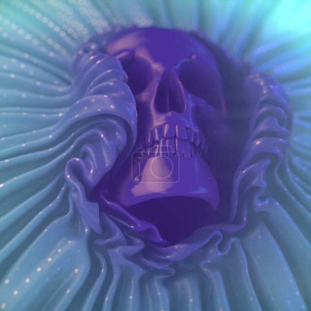 Photo for Fantastic digital illustration of a neon skull wrapped in folds of shiny fabric. 3d rendering - Royalty Free Image