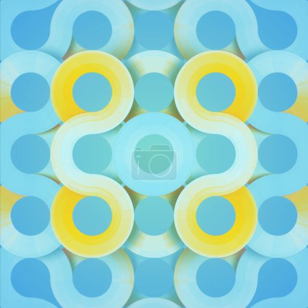 Téléchargez les photos : Un motif visuellement attrayant qui rappelle une fleur ou un ornement décoratif de cercles dans un schéma de couleurs bleu et jaune. Composition artistique et abstraite. Illustration numérique de rendu 3D - en image libre de droit