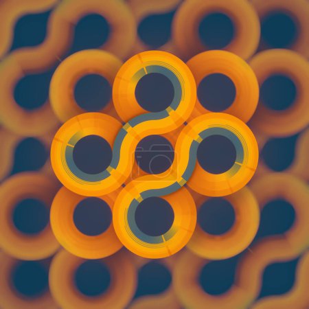 Téléchargez les photos : Un motif de cercles entrelacés dans un schéma de couleurs orange et bleu. Style contemporain mettant l'accent sur les formes géométriques et les couleurs claires. Illustration numérique de rendu 3D - en image libre de droit