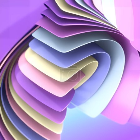 Téléchargez les photos : Illustration numérique abstraite colorée avec motif en couches spirales composé de différentes nuances de violet, rose et bleu. Design visuellement attrayant et sophistiqué. Rendu 3d - en image libre de droit