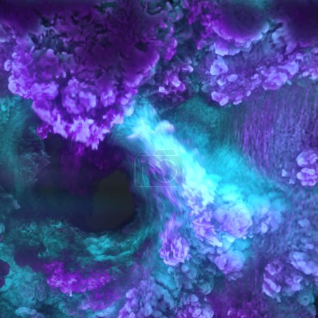 Foto de Visualización tridimensional de ondas de choque ardientes de color neón químico con poderosos remolinos de llama azul-violeta brillante. Composición dinámica. 3d representación ilustración digital - Imagen libre de derechos