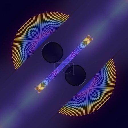 Foto de Ilustración digital abstracta de representación geométrica 3D en fondo púrpura y azul con dos círculos. Estilo de arte moderno y abstracto - Imagen libre de derechos