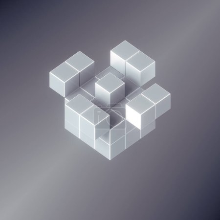 Foto de Ilustración digital geométrica abstracta de una forma compuesta de cubos blancos sobre un fondo gris. Composición simple y minimalista. renderizado 3d - Imagen libre de derechos