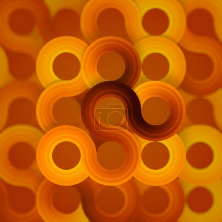 Foto de Diseño colorido brillante que consiste en formas geométricas naranjas y rojas, incluyendo círculos y espirales. Estilo artístico abstracto. Efecto visual vívido. 3d representación ilustración digital - Imagen libre de derechos