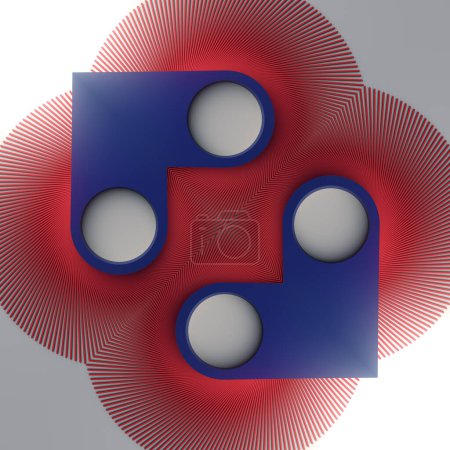 Foto de Ilustración digital abstracta de representación geométrica 3D en un esquema de color azul y rojo que consta de una serie de círculos entrelazados - Imagen libre de derechos