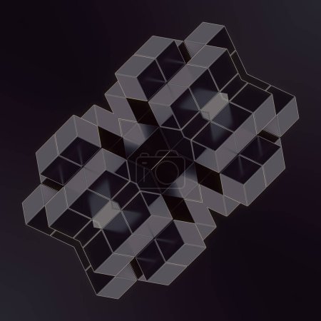 Téléchargez les photos : Modèle complexe et complexe de cubes brillants noirs tridimensionnels. Illustration numérique de rendu 3D - en image libre de droit