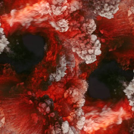 Foto de Representación tridimensional de ondas ardientes y explosivas de color rojo brillante. Efecto visual vívido. Estilo abstracto. Fondo de diseño creativo. 3d representación ilustración digital - Imagen libre de derechos