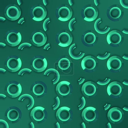 A green background with a pattern of circles. The composition is visually appealing and creates a sense of depth and texture. A fresh and vibrant design. 3d rendering digital illustration