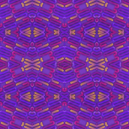 Foto de Ilustración digital con un patrón simétrico de una serie de formas de onda entrelazadas. Paleta de colores claros con púrpura, rosa y amarillo. Estilo contemporáneo y abstracto. renderizado 3d - Imagen libre de derechos