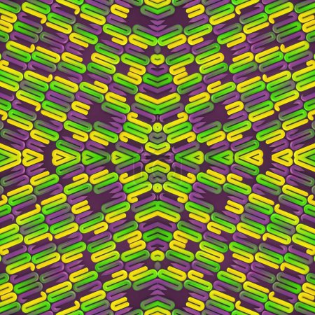 Foto de Ilustración digital en 3D con un patrón repetitivo similar a una serpiente de una serie de figuras interconectadas en colores verde, amarillo y púrpura. Composición simétrica. Estilo contemporáneo y abstracto - Imagen libre de derechos