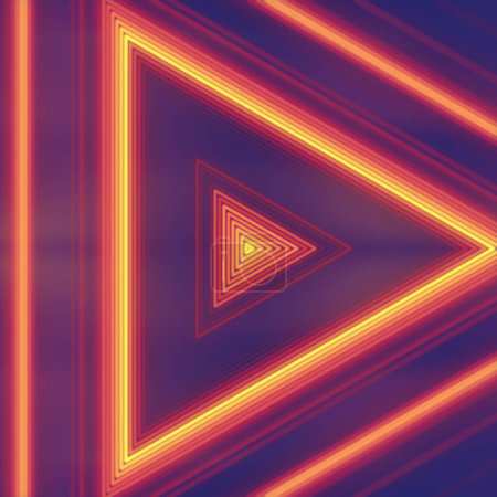 Téléchargez les photos : Bandes lumineuses de lumière LED en forme de triangle. Illustration numérique de rendu 3d avec palette de couleurs vives et nuances d'orange, jaune et rouge - en image libre de droit
