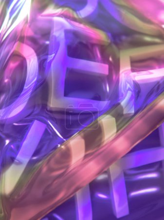 Téléchargez les photos : Illustration numérique abstraite de rendu 3D avec un ensemble de lettres tridimensionnelles enveloppées dans du papier teinté néon coloré. La composition utilise des couleurs vives et audacieuses, principalement violettes, roses et jaunes - en image libre de droit