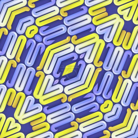 Foto de Ilustración digital en 3D con diseño brillante y abstracto y líneas geométricas onduladas con combinación de tonos amarillo, azul y blanco sobre fondo azul oscuro. Composición simétrica - Imagen libre de derechos