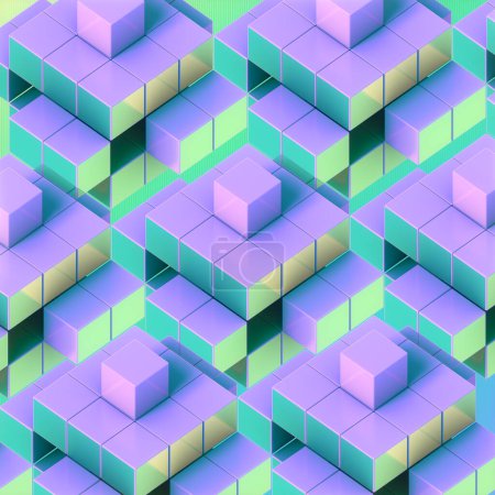 Téléchargez les photos : Fond géométrique abstrait tendance et élégant avec des carrés violets et bleus. Design attrayant et complexe. Illustration numérique de rendu 3D - en image libre de droit