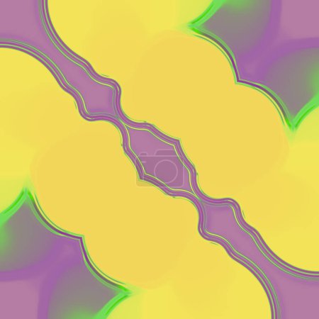 Illustration numérique abstraite lumineuse avec motif organique de figures de couleur vert-jaune sur fond violet avec texture ondulée fluide. Composition symétrique. Rendu 3d
