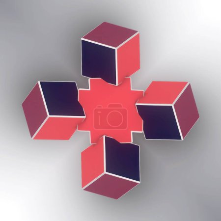 Téléchargez les photos : Illustration numérique de rendu 3d d'une étonnante transformation harmonieuse de formes géométriques colorées sur un fond clair - en image libre de droit