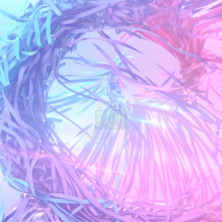 Téléchargez les photos : Un tourbillon de bandes colorées de tissu dans des tons doux de rose, bleu et violet. Illustration numérique de rendu 3D - en image libre de droit
