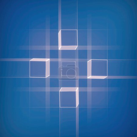 Foto de La composición muestra patrones fascinantes de formas geométricas sobre un fondo azul cautivador. 3d representación ilustración digital - Imagen libre de derechos