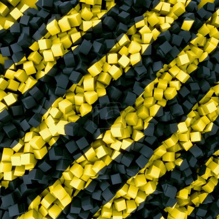 Foto de Un patrón de rayas negras y amarillas compuesto de muchos pequeños cubos tridimensionales. 3d representación ilustración digital - Imagen libre de derechos