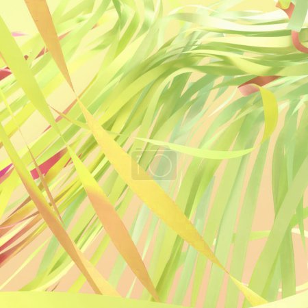 Foto de Ilustración digital con arreglo dinámico y abstracto de líneas y formas, paleta de colores suaves y pastel con combinación de amarillo, verde, rosa y naranja. renderizado 3d - Imagen libre de derechos