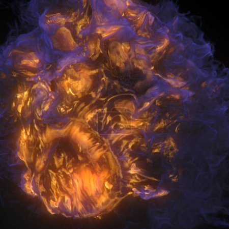Foto de 3d representación digital ilustración de un fuego naranja furioso con bocanadas de humo púrpura. Primer plano de los intrincados detalles de la llama - Imagen libre de derechos