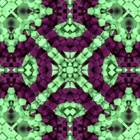 Foto de Ilustración digital con patrón simétrico de cubos multicolores dispersos en verde y púrpura. Efecto caleidoscópico. renderizado 3d - Imagen libre de derechos