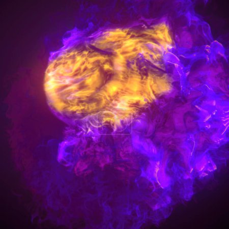 Foto de Los intrincados remolinos mágicos de llama crean patrones fascinantes y dinámicos de colores púrpura y amarillo entrelazados. 3d representación ilustración digital - Imagen libre de derechos