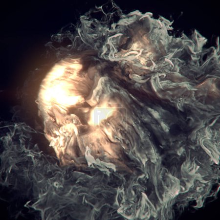Foto de Una bola de fuego brillante con remolinos de humo y llamas a su alrededor. Una composición dinámica. Estilo abstracto. 3d representación ilustración digital - Imagen libre de derechos