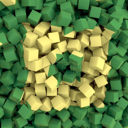 Foto de Composición abstracta tridimensional de muchos cubos pequeños en tonos de verde y amarillo. Estilo contemporáneo. 3d representación ilustración digital - Imagen libre de derechos