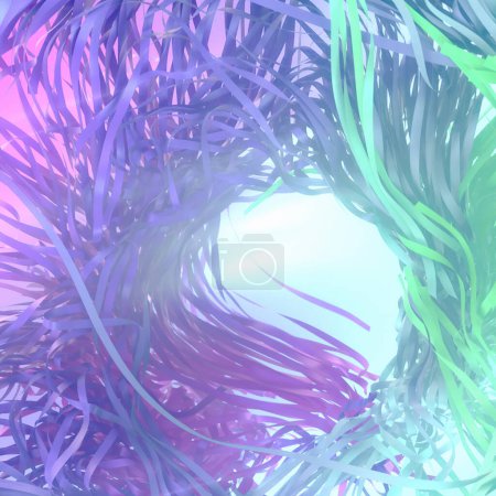 Foto de Diseño abstracto remolino de cintas entrelazadas de tela. La paleta de colores es suave y pastel, tonos de púrpura, rosa y verde. 3d representación ilustración digital - Imagen libre de derechos