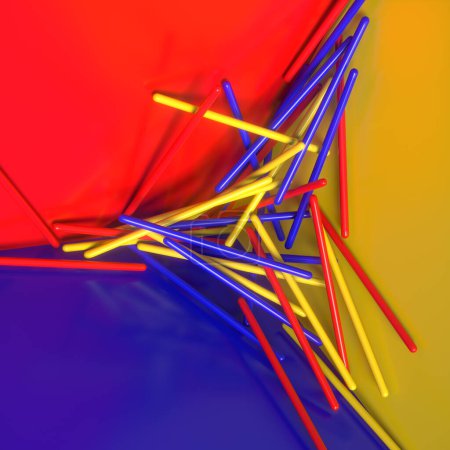 Foto de Representación en 3D ilustración digital que muestra un grupo de palos multicolores dispersos en un patrón geométrico sobre un fondo de color. Colores brillantes y saturados, rojo, naranja y amarillo. Estilo abstracto - Imagen libre de derechos
