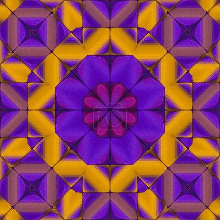 Illustration numérique d'un motif kaléidoscopique symétrique ressemblant à une fleur violet vif entourée de formes géométriques répétées composées de figures violettes et jaunes. Rendu 3d