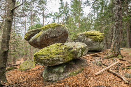 Photo for Wackelstein near Thurmansbang megalith granite rock formation in winter in bavarian forest, Germany - Royalty Free Image