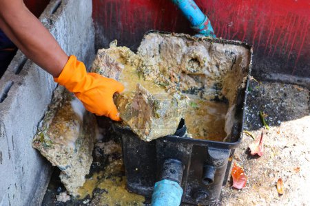 Photo for Grease traps from dirty debris being cleaned with a scoop are discarded. How to treat water with a grease trap. - Royalty Free Image