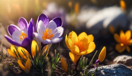 Téléchargez les photos : Crocus floraison des fleurs au début du printemps. IA générative. - en image libre de droit