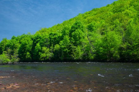 Der Zugang zum Lehigh River in der Stadt Jim Thorpe Pennsylvania an einem sonnigen, blauen Himmelstag. 